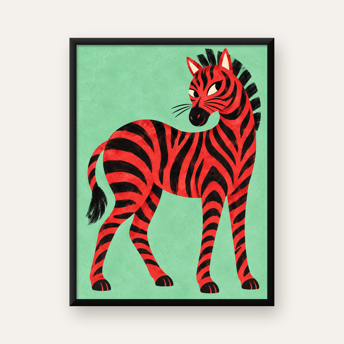 Kırmızı Siyah Çizgili Zebra Dijital Poster – Modern Hayvan İllüstrasyonu — Dikey baskı, düz siyah çerçeveli duvar posteri