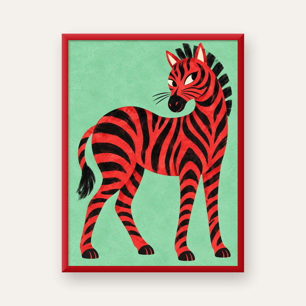 Kırmızı Siyah Çizgili Zebra Dijital Poster – Modern Hayvan İllüstrasyonu — kırmızı çerçeveli