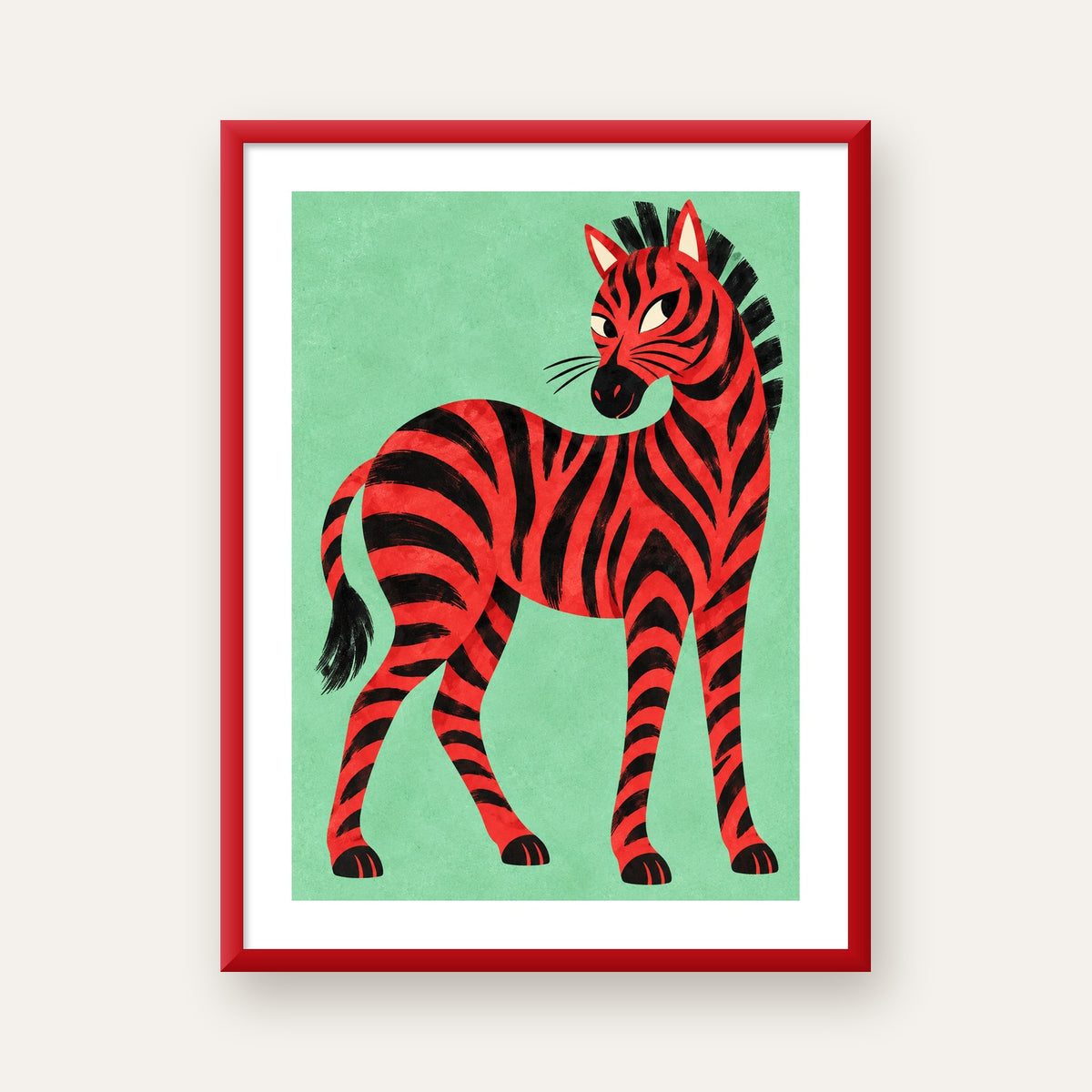Kırmızı Siyah Çizgili Zebra Dijital Poster – Modern Hayvan İllüstrasyonu — kırmızı çerçeveli paspartulu
