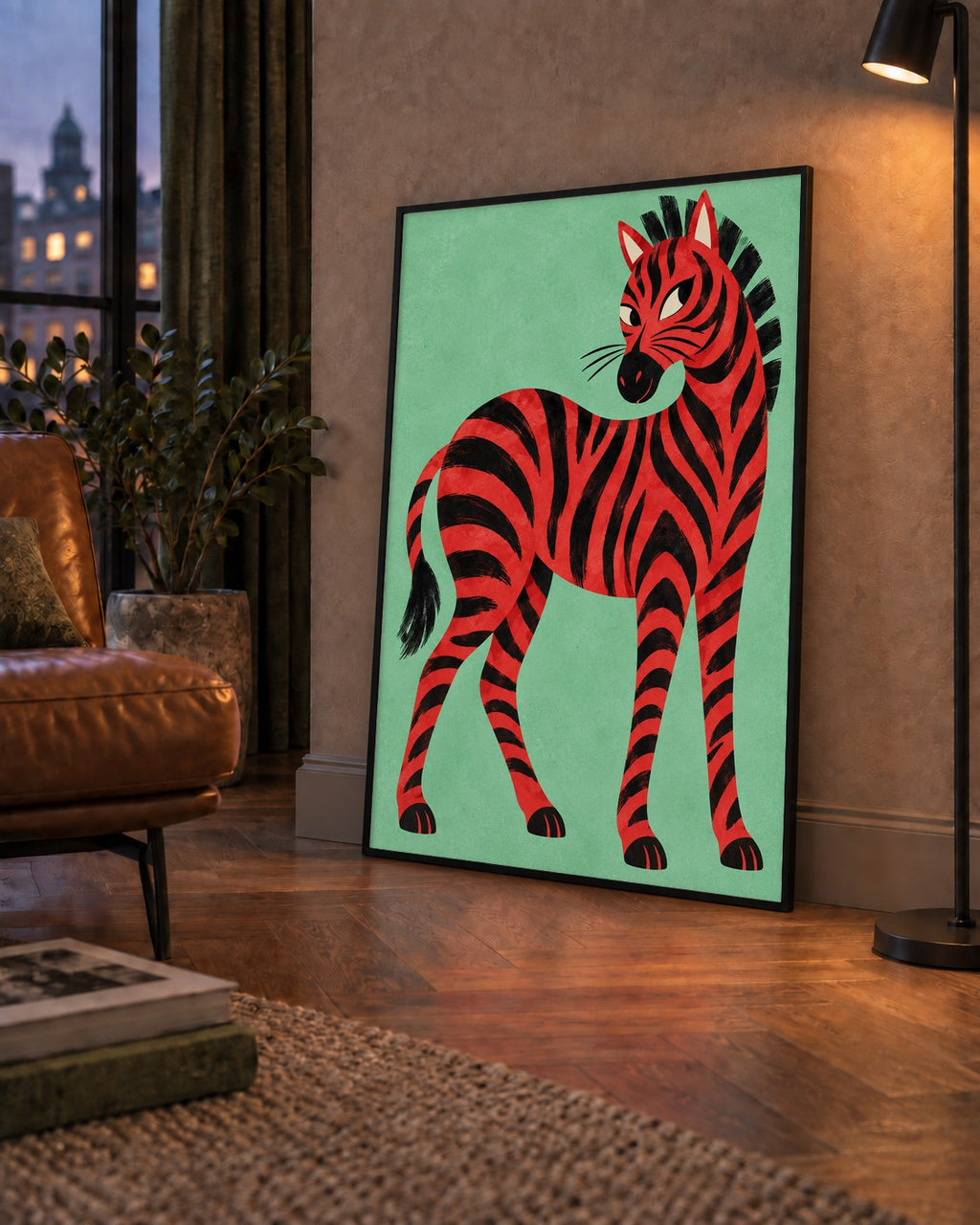Kırmızı Siyah Çizgili Zebra Dijital Poster – Modern Hayvan İllüstrasyonu — çerçeveli hâliyle bir ev duvarında
