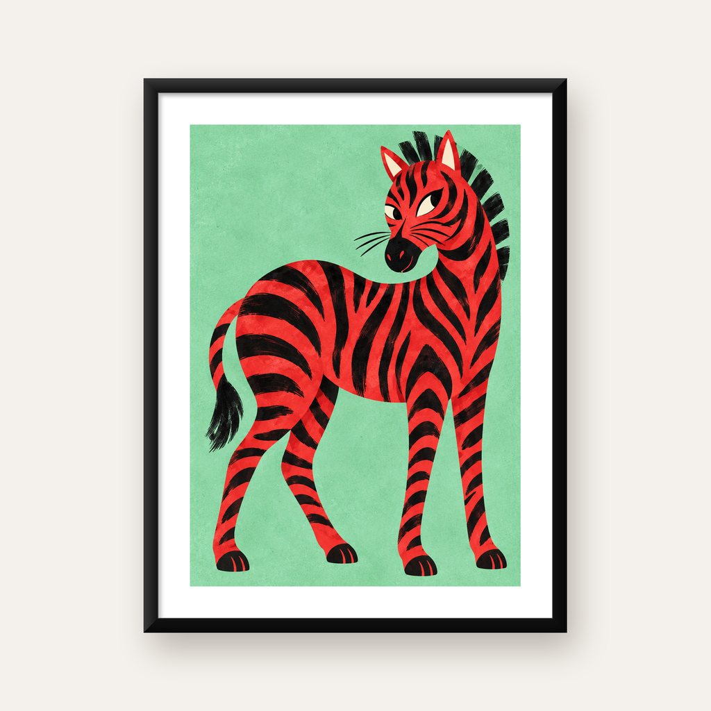 Kırmızı Siyah Çizgili Zebra Dijital Poster – Modern Hayvan İllüstrasyonu — Dikey baskı, beyaz paspartulu
