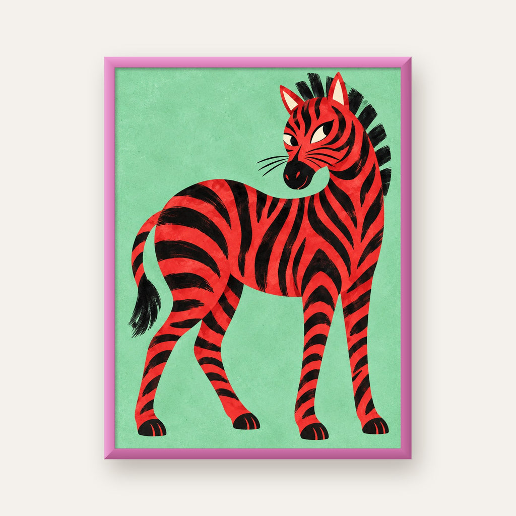 Kırmızı Siyah Çizgili Zebra Dijital Poster – Modern Hayvan İllüstrasyonu — pembe çerçeveli