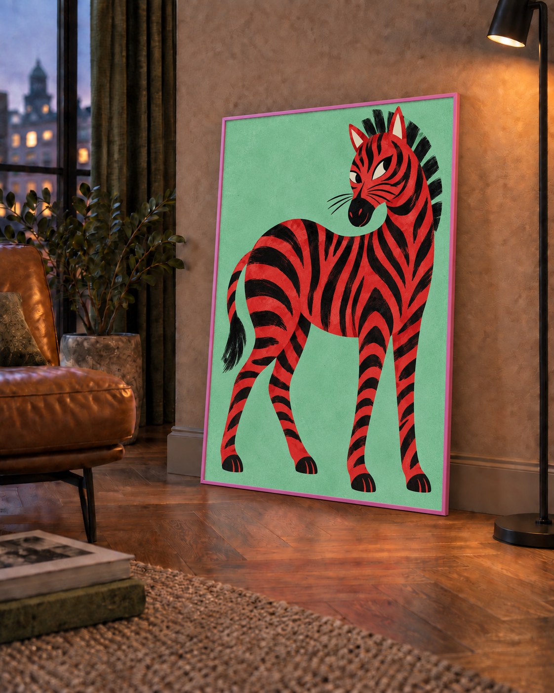 Kırmızı Siyah Çizgili Zebra Dijital Poster – Modern Hayvan İllüstrasyonu — çerçeveli hâliyle bir ev duvarında