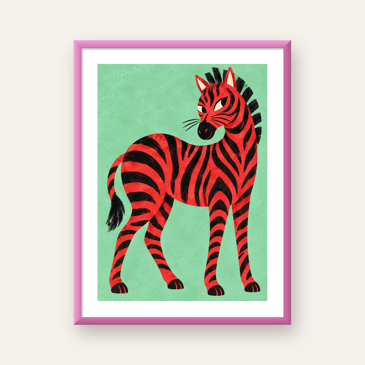 Kırmızı Siyah Çizgili Zebra Dijital Poster – Modern Hayvan İllüstrasyonu — pembe çerçeveli paspartulu
