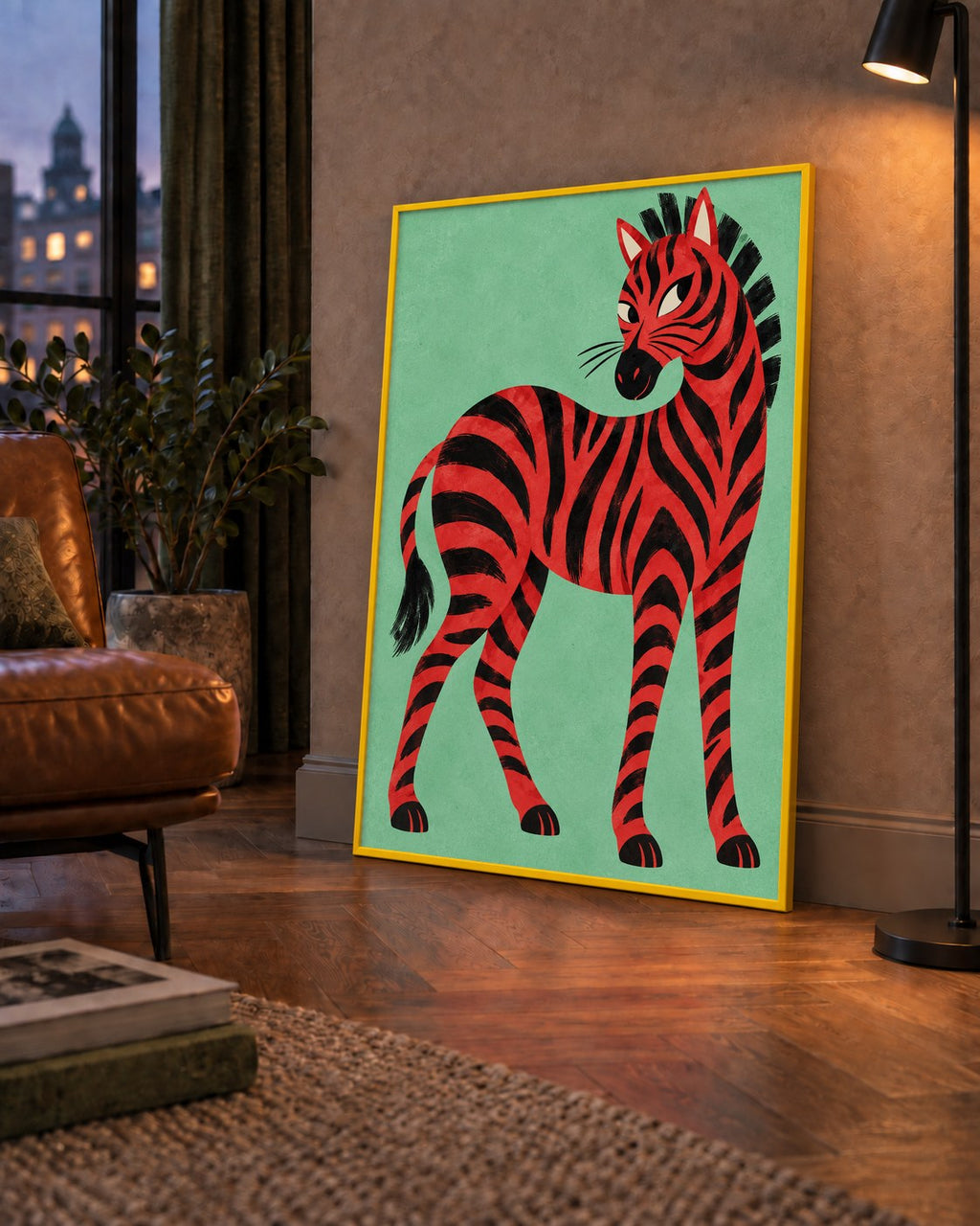 Kırmızı Siyah Çizgili Zebra Dijital Poster – Modern Hayvan İllüstrasyonu — çerçeveli hâliyle bir ev duvarında