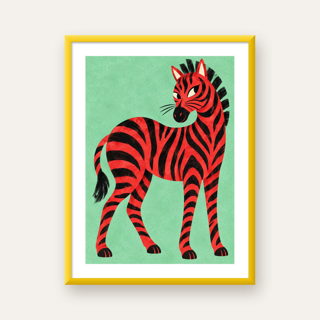 Kırmızı Siyah Çizgili Zebra Dijital Poster – Modern Hayvan İllüstrasyonu — sarı çerçeveli paspartulu