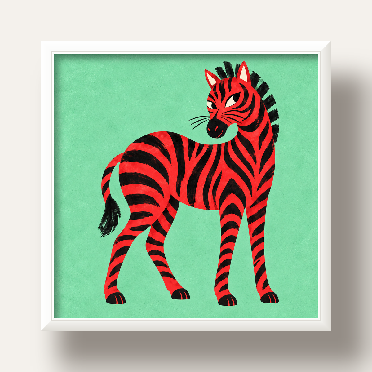 Kırmızı Siyah Çizgili Zebra Dijital Poster – Modern Hayvan İllüstrasyonu — beyaz derin çerçeveli