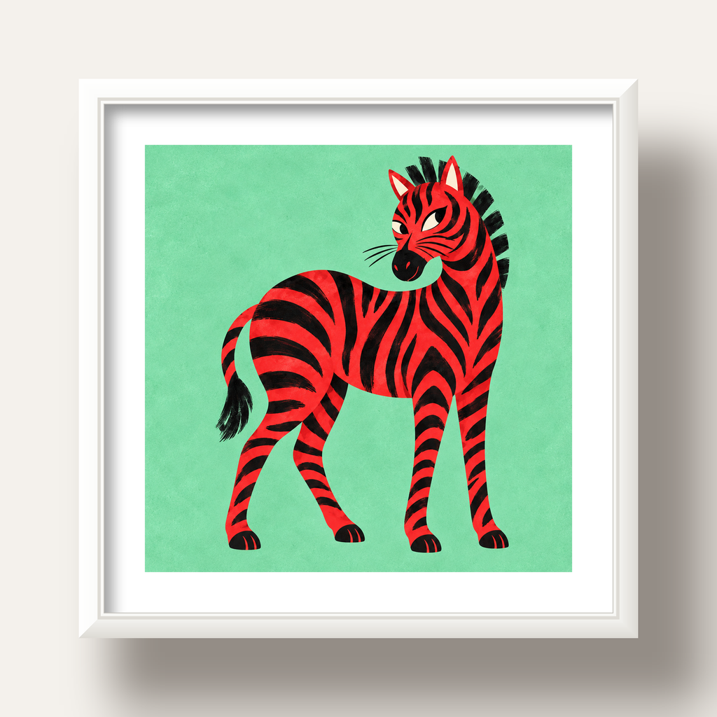 Kırmızı Siyah Çizgili Zebra Dijital Poster – Modern Hayvan İllüstrasyonu — beyaz derin çerçeveli paspartulu