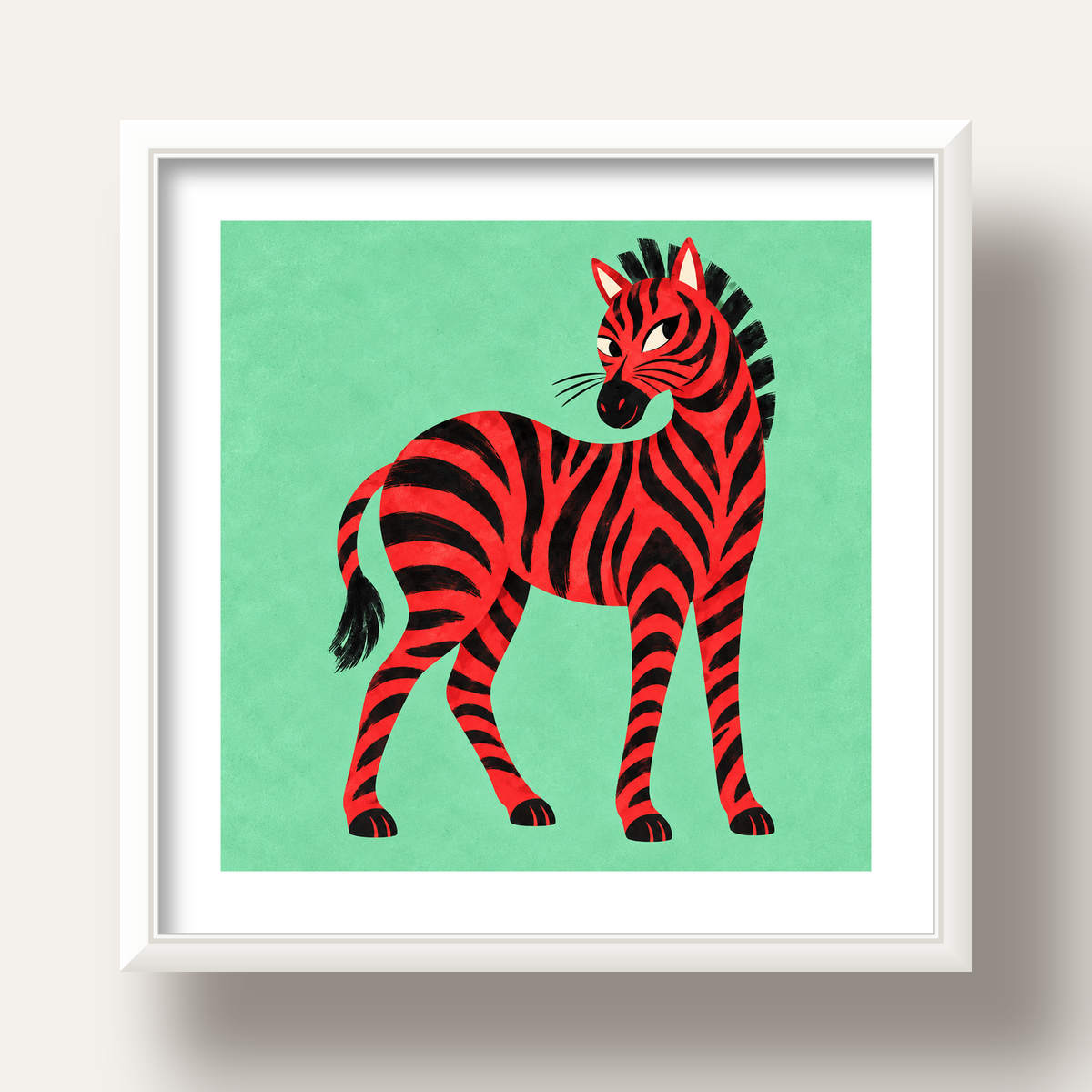 Kırmızı Siyah Çizgili Zebra Dijital Poster – Modern Hayvan İllüstrasyonu — beyaz derin çerçeveli paspartulu