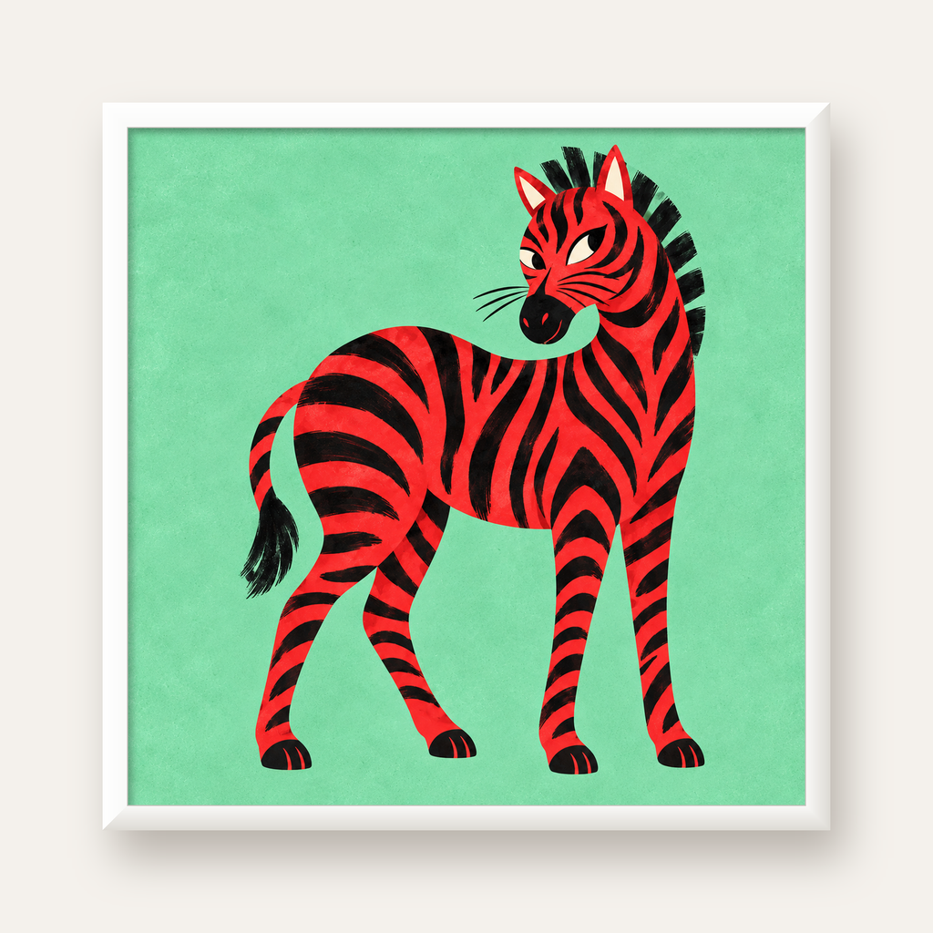 Kırmızı Siyah Çizgili Zebra Dijital Poster – Modern Hayvan İllüstrasyonu — beyaz çerçeveli kare poster