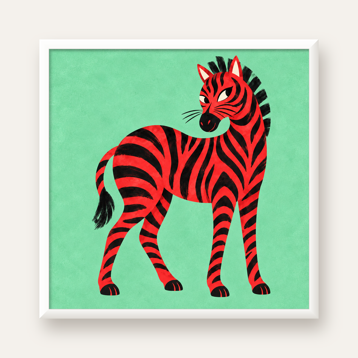 Kırmızı Siyah Çizgili Zebra Dijital Poster – Modern Hayvan İllüstrasyonu — beyaz çerçeveli kare poster