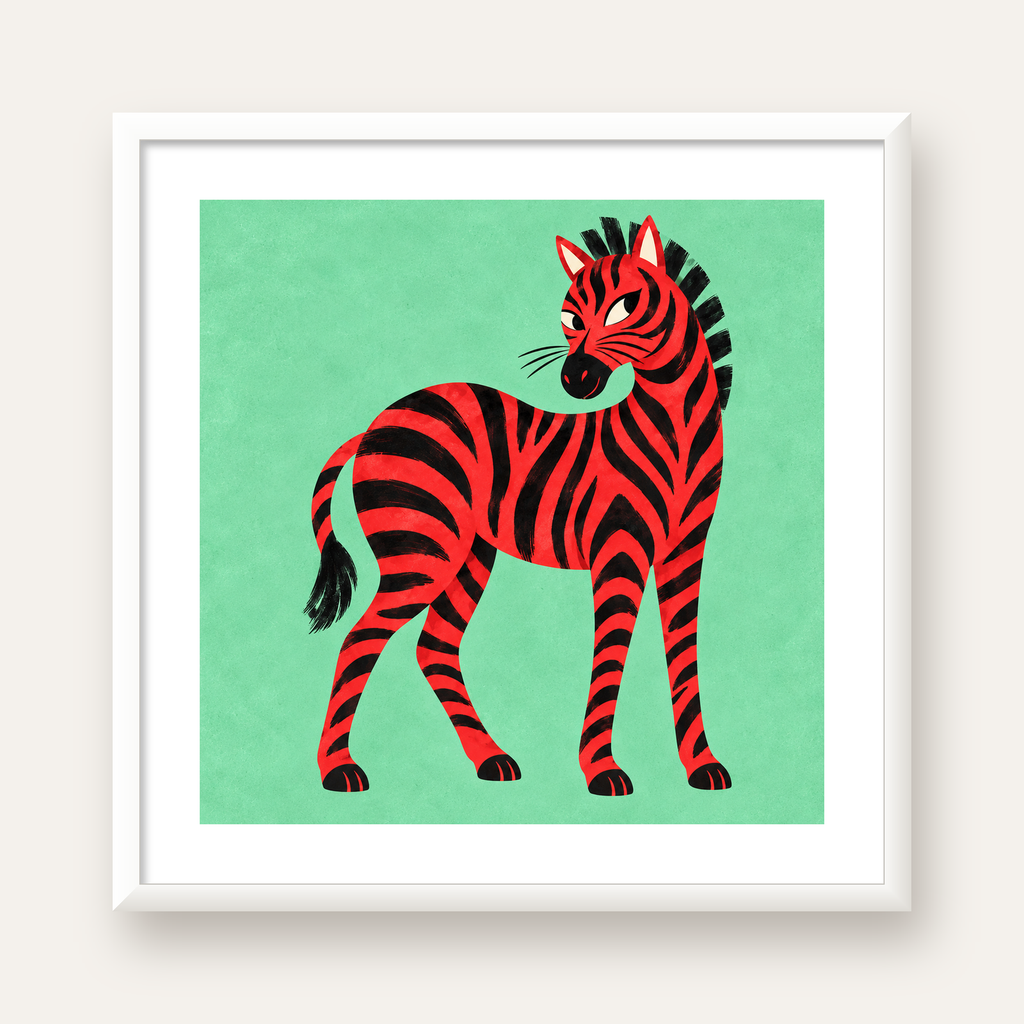 Kırmızı Siyah Çizgili Zebra Dijital Poster – Modern Hayvan İllüstrasyonu — beyaz çerçeveli kare poster