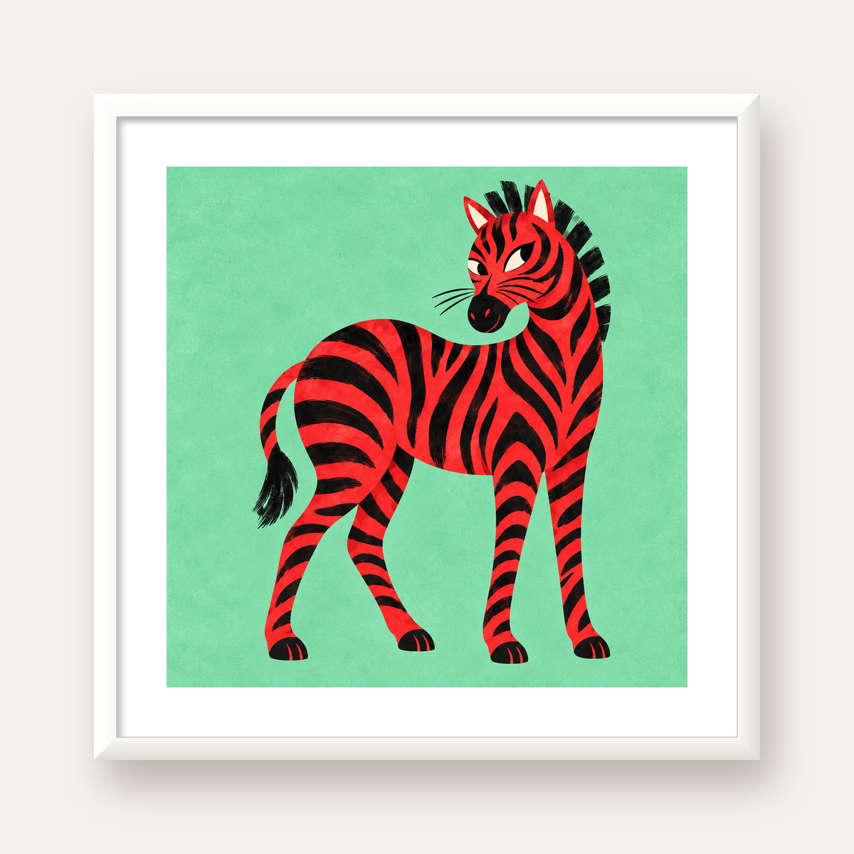 Kırmızı Siyah Çizgili Zebra Dijital Poster – Modern Hayvan İllüstrasyonu — beyaz çerçeveli kare poster