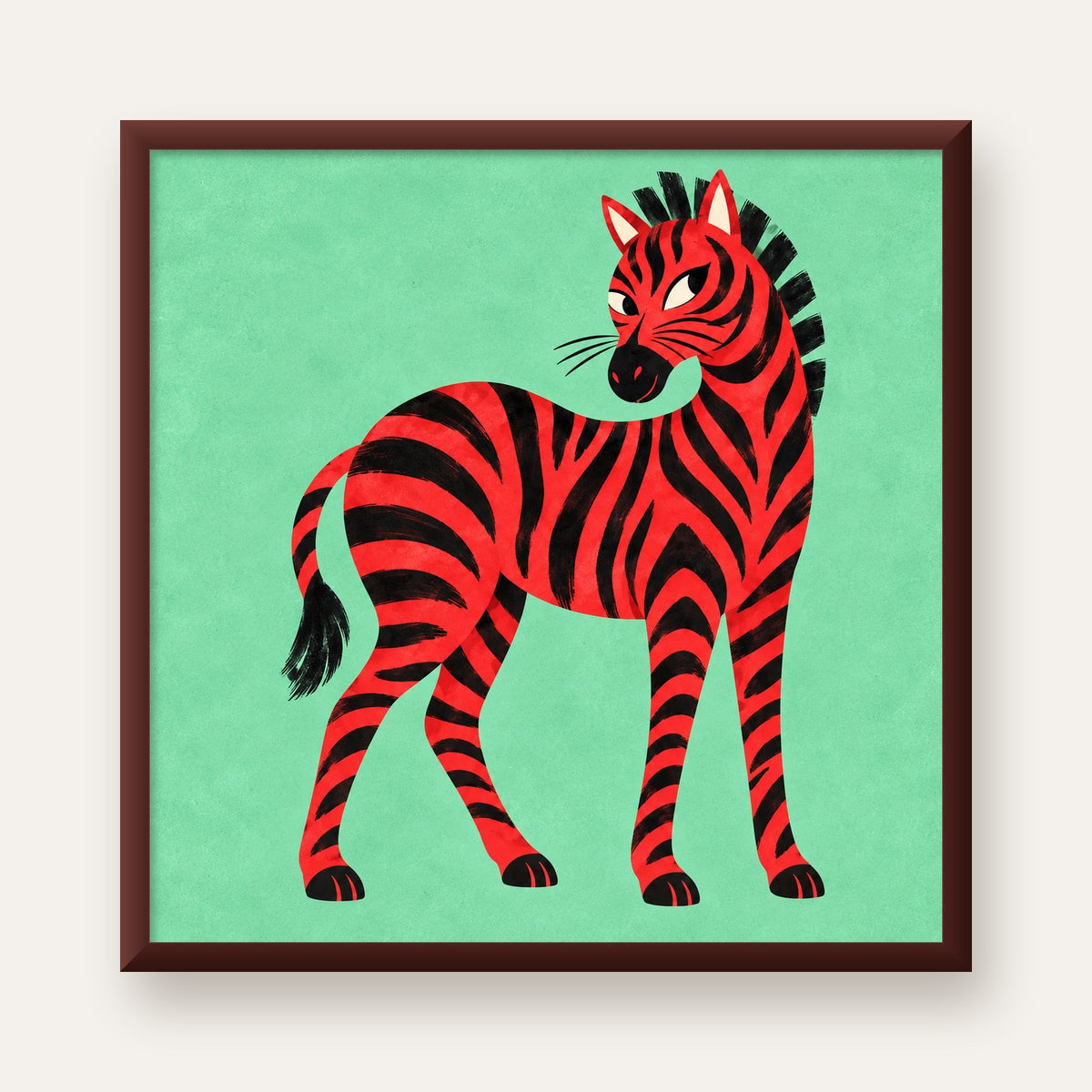 Kırmızı Siyah Çizgili Zebra Dijital Poster – Modern Hayvan İllüstrasyonu — ceviz çerçeveli