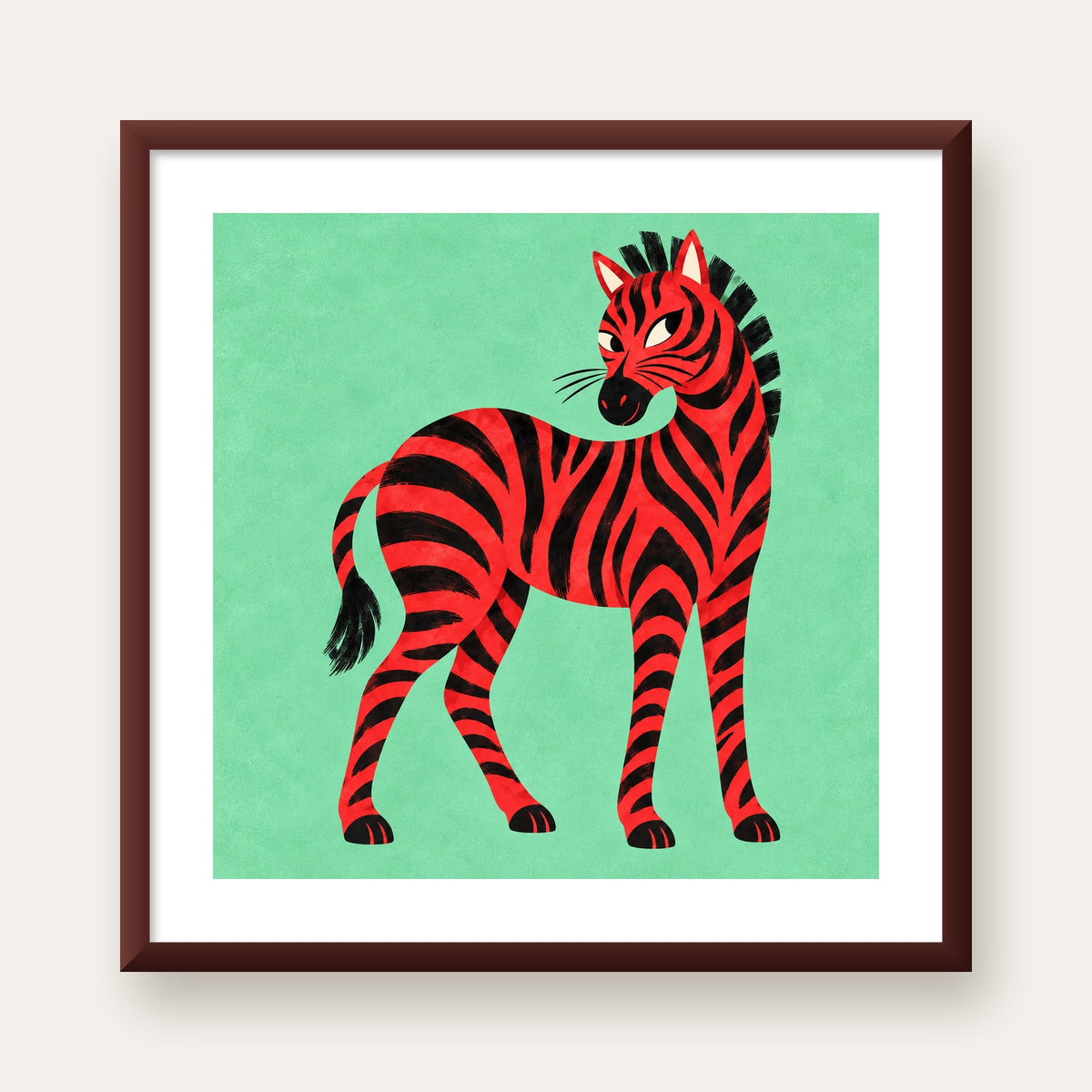 Kırmızı Siyah Çizgili Zebra Dijital Poster – Modern Hayvan İllüstrasyonu — ceviz çerçeveli paspartulu