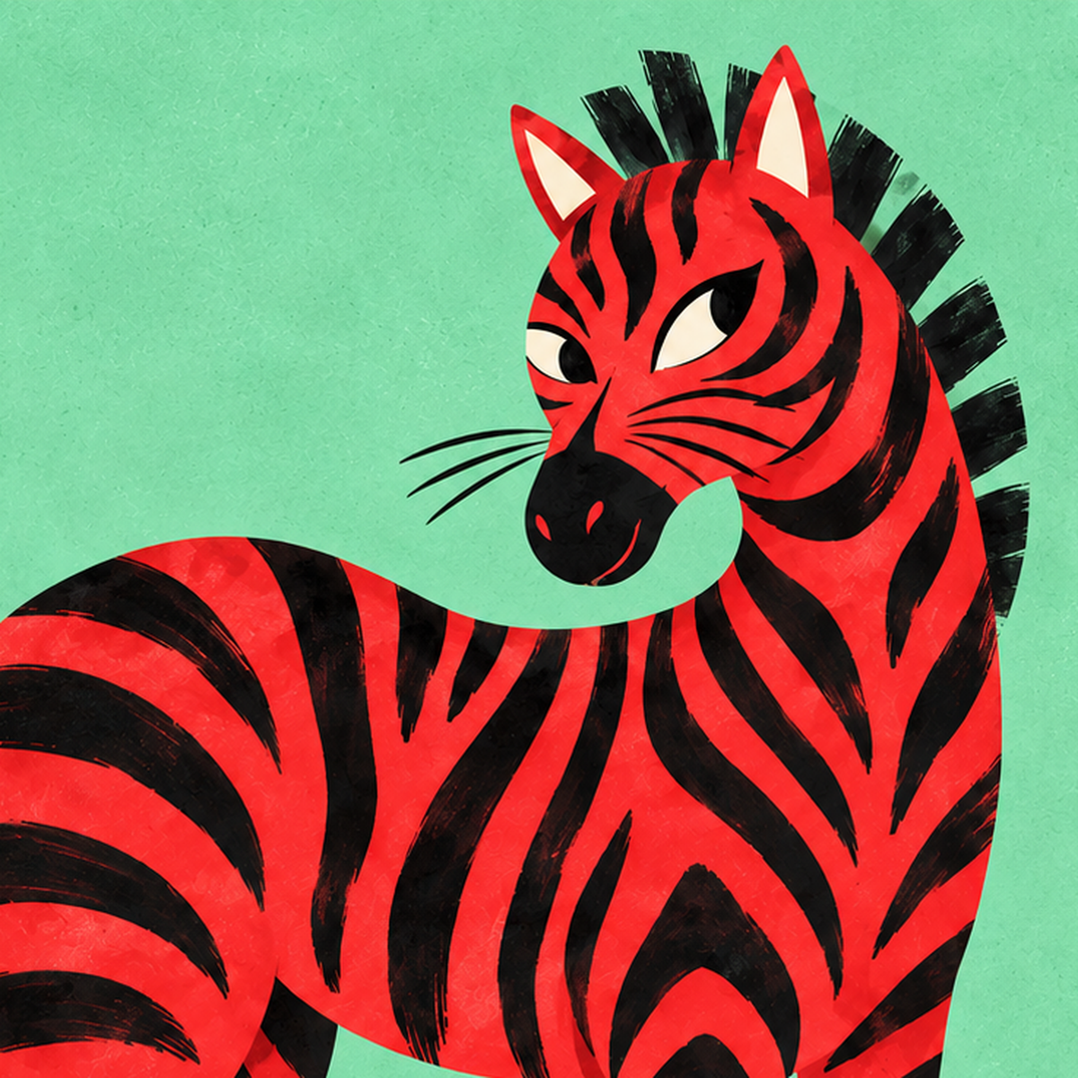 Kırmızı Siyah Çizgili Zebra Dijital Poster – Modern Hayvan İllüstrasyonu — baskının yakın çekimi, kâğıt dokusu ve renk detayı
