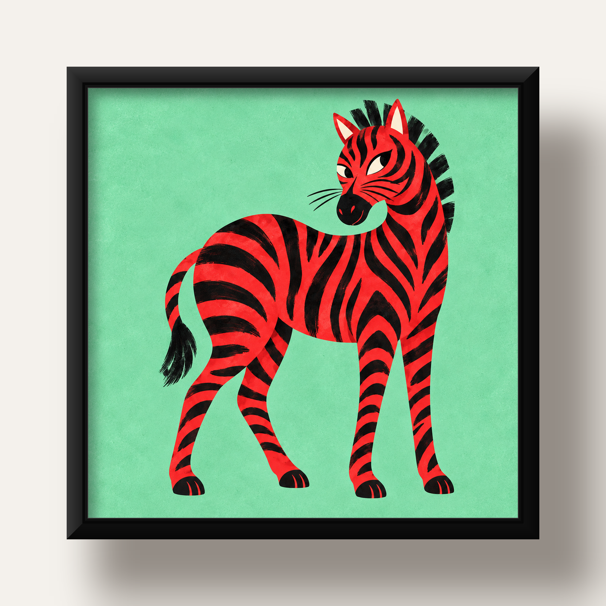 Kırmızı Siyah Çizgili Zebra Dijital Poster – Modern Hayvan İllüstrasyonu — siyah derin çerçeveli