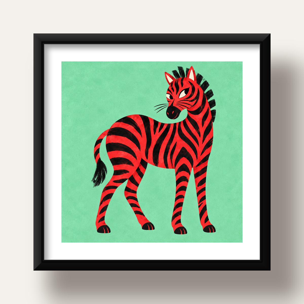 Kırmızı Siyah Çizgili Zebra Dijital Poster – Modern Hayvan İllüstrasyonu — siyah derin çerçeveli paspartulu