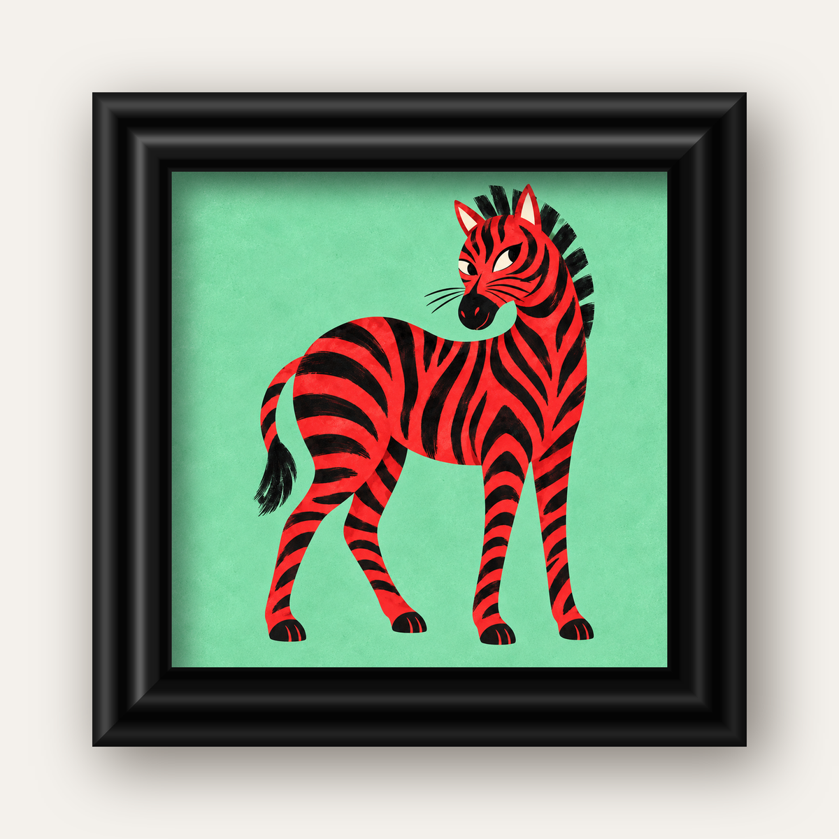 Kırmızı Siyah Çizgili Zebra Dijital Poster – Modern Hayvan İllüstrasyonu — siyah galeri çerçeveli