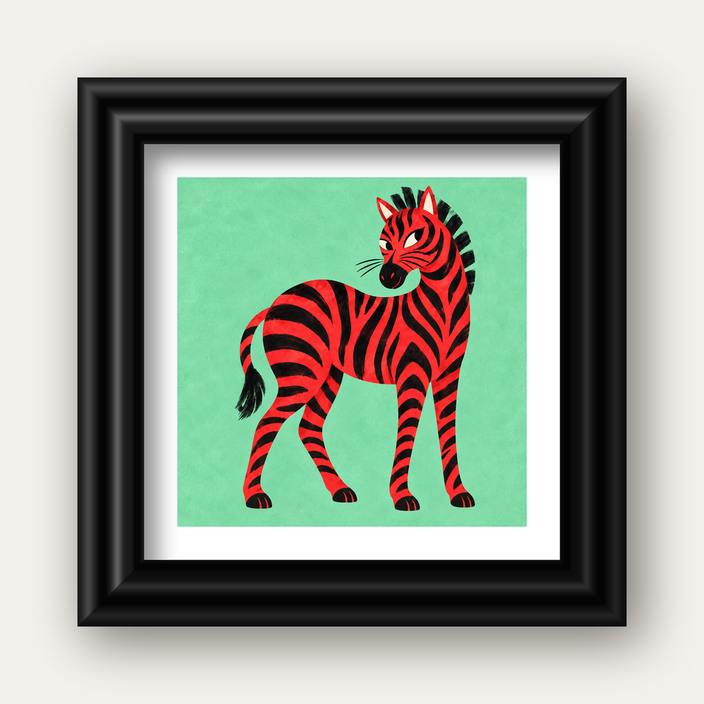 Kırmızı Siyah Çizgili Zebra Dijital Poster – Modern Hayvan İllüstrasyonu — siyah galeri çerçeveli paspartulu