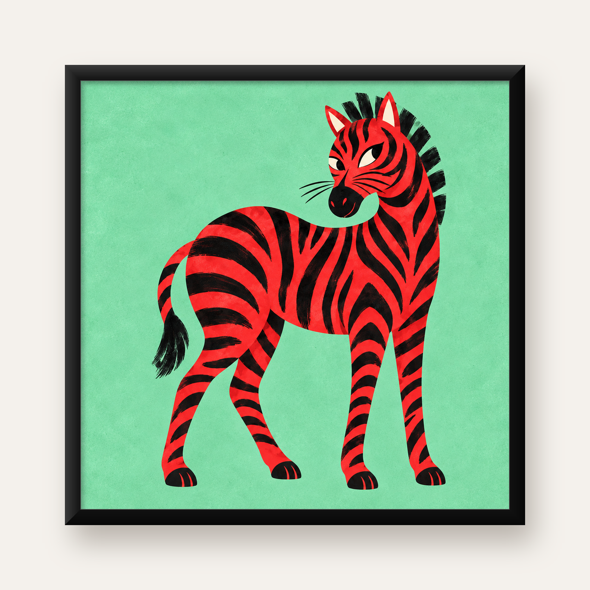 Kırmızı Siyah Çizgili Zebra Dijital Poster – Modern Hayvan İllüstrasyonu — Kare baskı, düz siyah çerçeveli duvar posteri