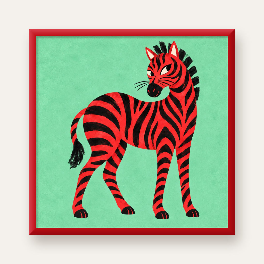 Kırmızı Siyah Çizgili Zebra Dijital Poster – Modern Hayvan İllüstrasyonu — kırmızı çerçeveli