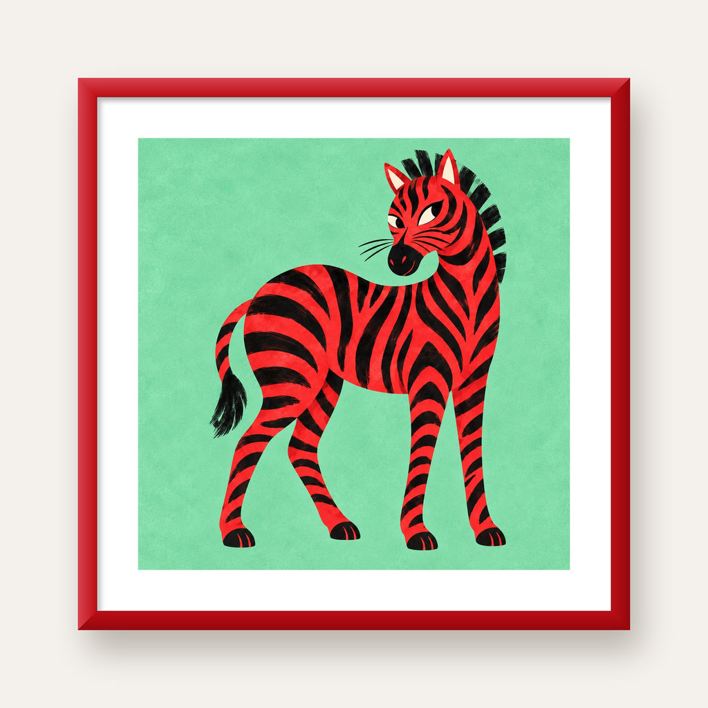 Kırmızı Siyah Çizgili Zebra Dijital Poster – Modern Hayvan İllüstrasyonu — kırmızı çerçeveli paspartulu