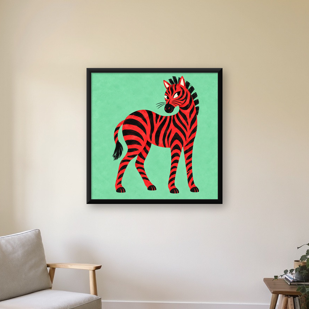 Kırmızı Siyah Çizgili Zebra Dijital Poster – Modern Hayvan İllüstrasyonu — Kare baskı, çerçeveli hâliyle bir ev duvarında