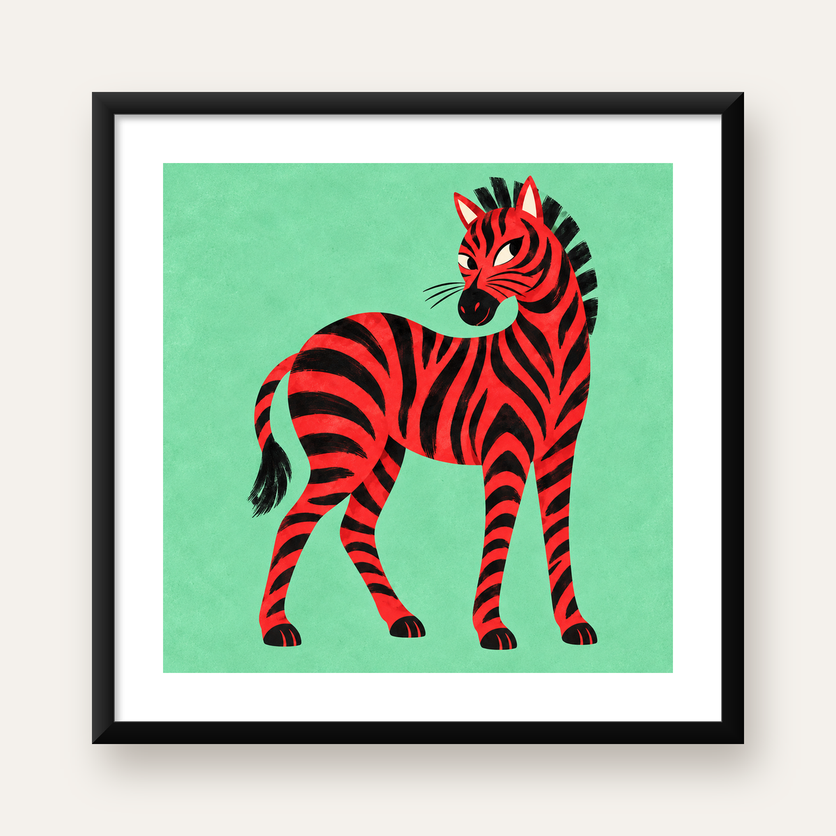 Kırmızı Siyah Çizgili Zebra Dijital Poster – Modern Hayvan İllüstrasyonu — Kare baskı, beyaz paspartulu