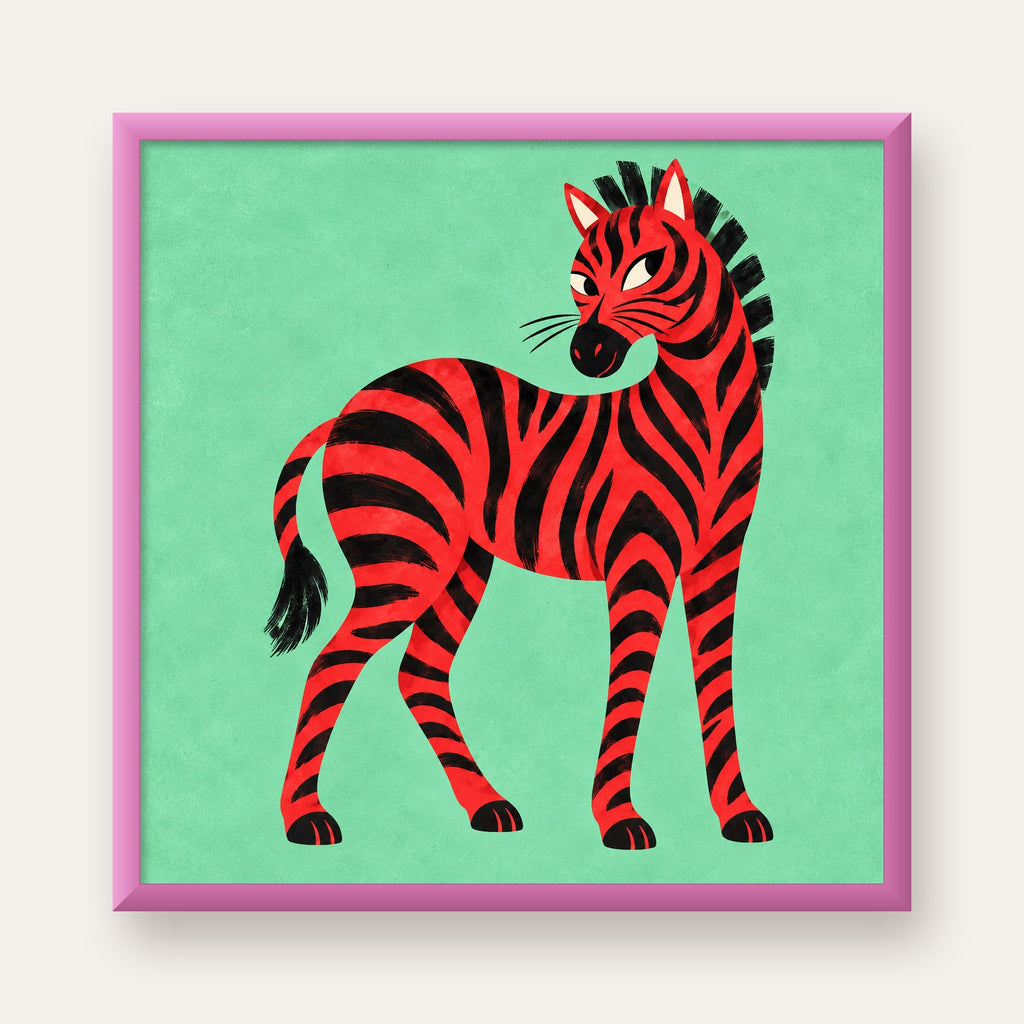Kırmızı Siyah Çizgili Zebra Dijital Poster – Modern Hayvan İllüstrasyonu — pembe çerçeveli