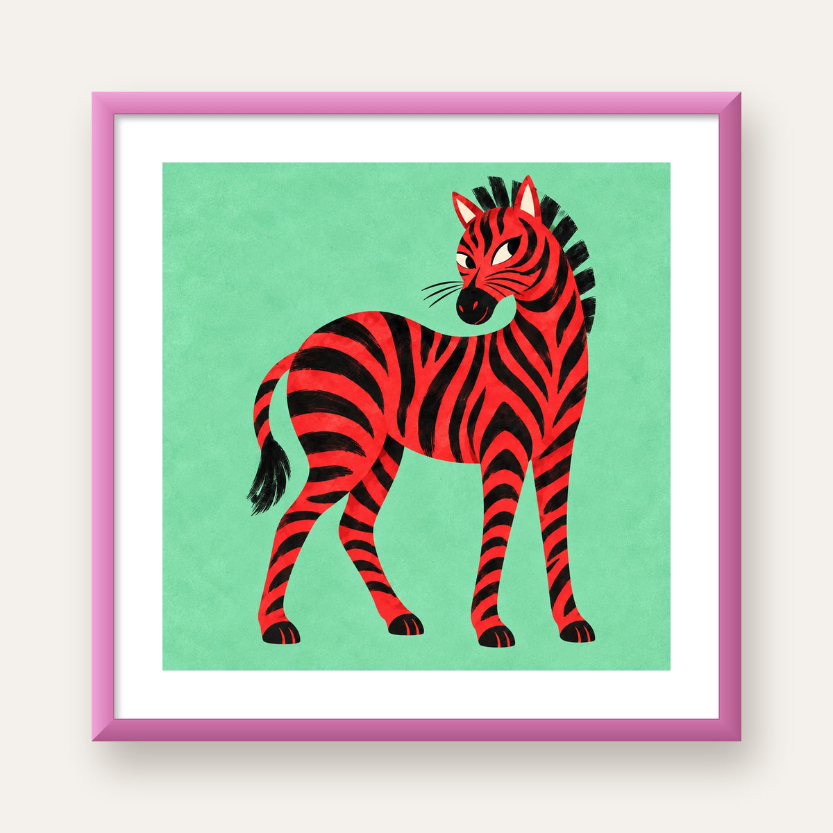 Kırmızı Siyah Çizgili Zebra Dijital Poster – Modern Hayvan İllüstrasyonu — pembe çerçeveli paspartulu