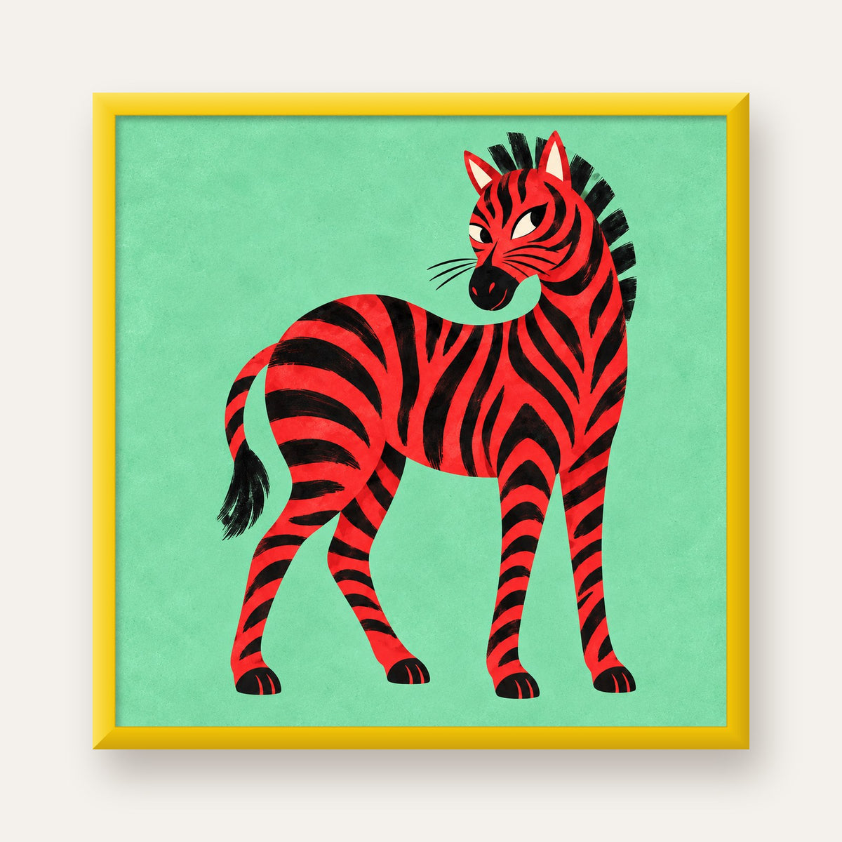 Kırmızı Siyah Çizgili Zebra Dijital Poster – Modern Hayvan İllüstrasyonu — sarı çerçeveli
