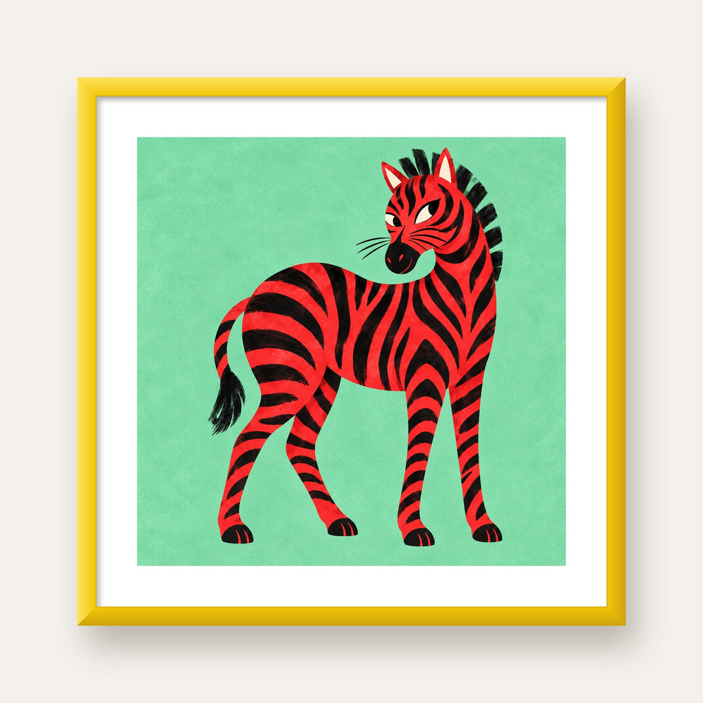 Kırmızı Siyah Çizgili Zebra Dijital Poster – Modern Hayvan İllüstrasyonu — sarı çerçeveli paspartulu