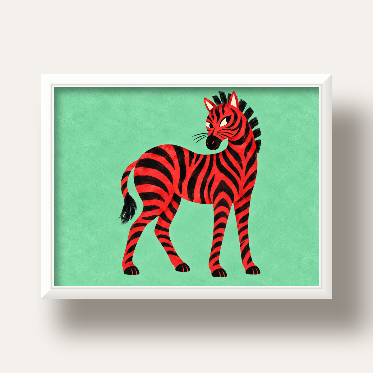 Kırmızı Siyah Çizgili Zebra Dijital Poster – Modern Hayvan İllüstrasyonu — beyaz derin çerçeveli