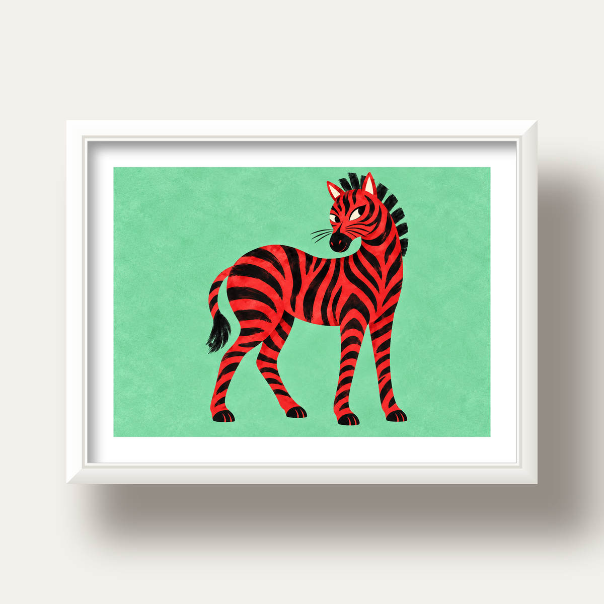 Kırmızı Siyah Çizgili Zebra Dijital Poster – Modern Hayvan İllüstrasyonu — beyaz derin çerçeveli paspartulu