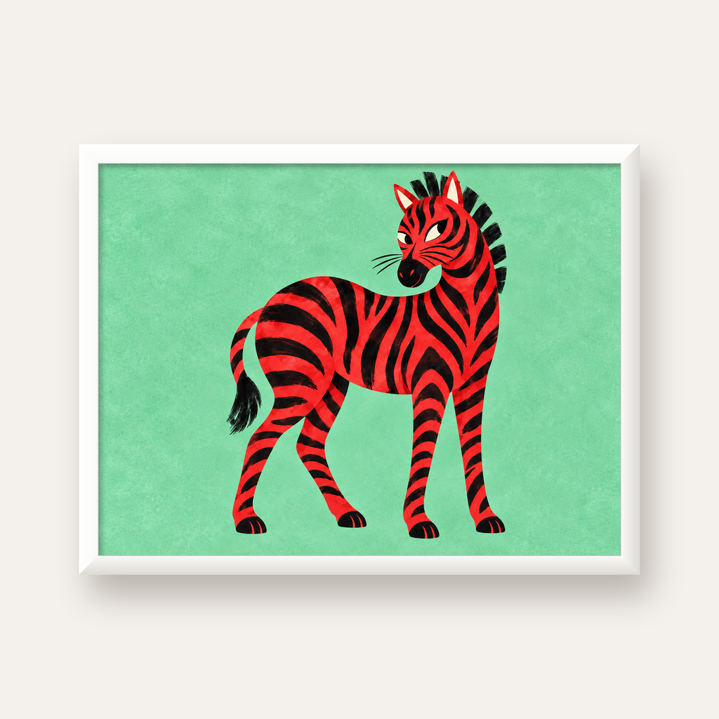 Kırmızı Siyah Çizgili Zebra Dijital Poster – Modern Hayvan İllüstrasyonu — beyaz çerçeveli yatay poster