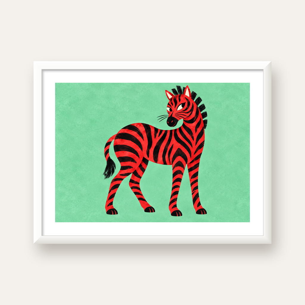 Kırmızı Siyah Çizgili Zebra Dijital Poster – Modern Hayvan İllüstrasyonu — beyaz çerçeveli yatay poster