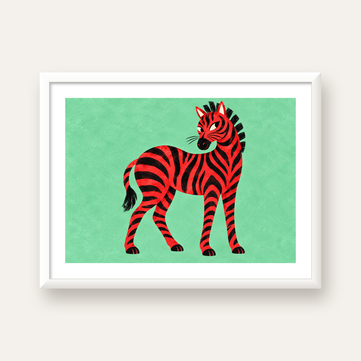 Kırmızı Siyah Çizgili Zebra Dijital Poster – Modern Hayvan İllüstrasyonu — beyaz çerçeveli yatay poster