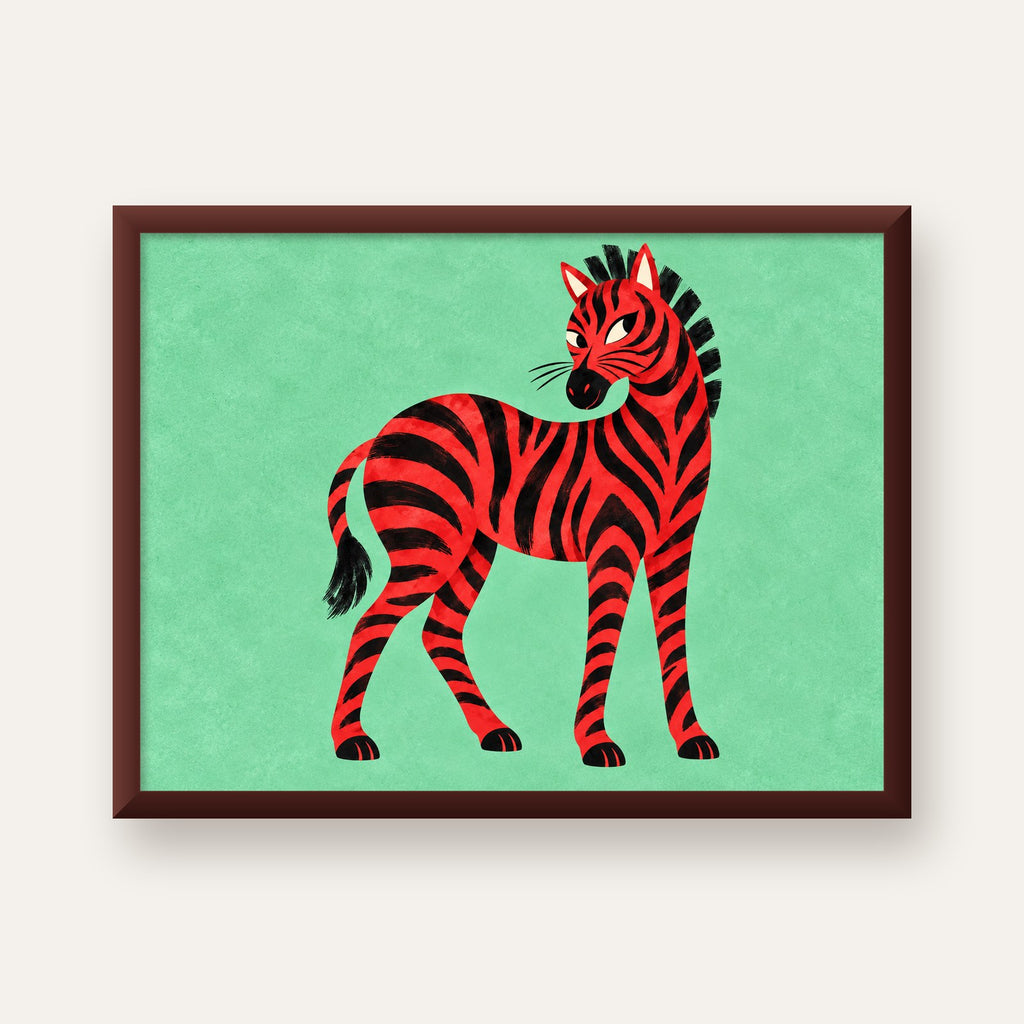 Kırmızı Siyah Çizgili Zebra Dijital Poster – Modern Hayvan İllüstrasyonu — ceviz çerçeveli