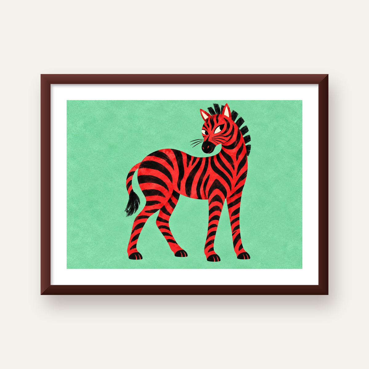 Kırmızı Siyah Çizgili Zebra Dijital Poster – Modern Hayvan İllüstrasyonu — ceviz çerçeveli paspartulu