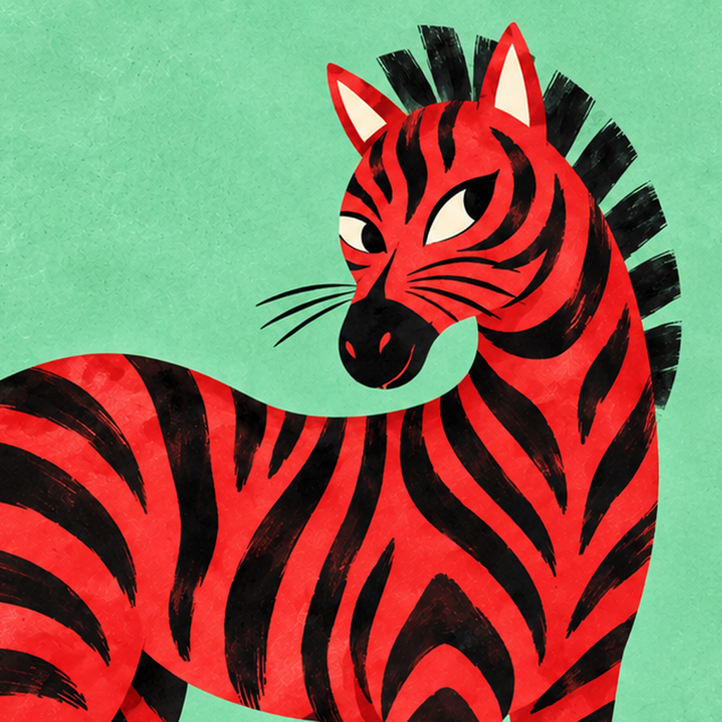 Kırmızı Siyah Çizgili Zebra Dijital Poster – Modern Hayvan İllüstrasyonu — baskının yakın çekimi, kâğıt dokusu ve renk detayı