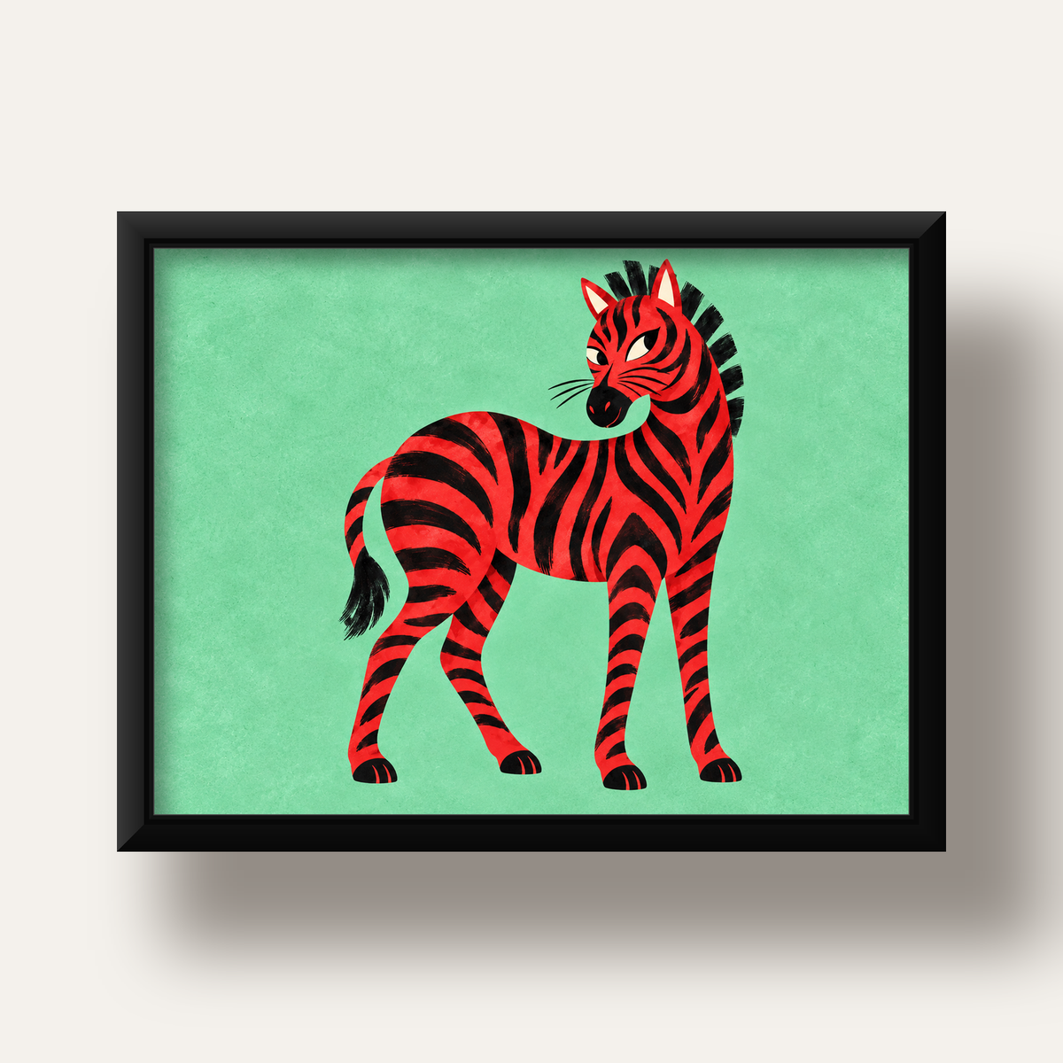 Kırmızı Siyah Çizgili Zebra Dijital Poster – Modern Hayvan İllüstrasyonu — siyah derin çerçeveli