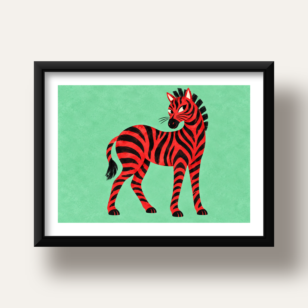 Kırmızı Siyah Çizgili Zebra Dijital Poster – Modern Hayvan İllüstrasyonu — siyah derin çerçeveli paspartulu