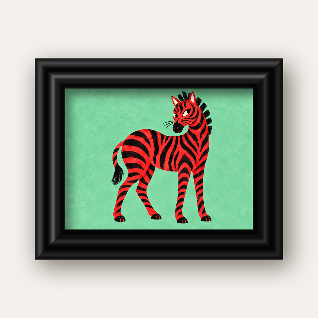 Kırmızı Siyah Çizgili Zebra Dijital Poster – Modern Hayvan İllüstrasyonu — siyah galeri çerçeveli