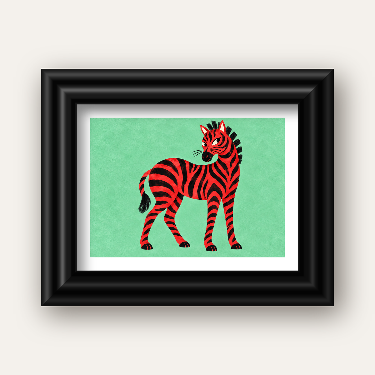 Kırmızı Siyah Çizgili Zebra Dijital Poster – Modern Hayvan İllüstrasyonu — siyah galeri çerçeveli paspartulu