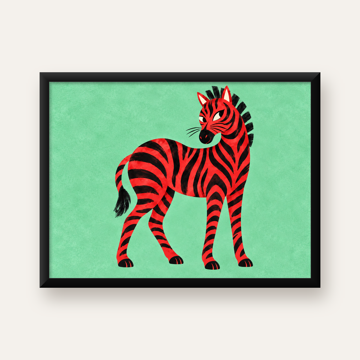 Kırmızı Siyah Çizgili Zebra Dijital Poster – Modern Hayvan İllüstrasyonu — Yatay baskı, düz siyah çerçeveli duvar posteri