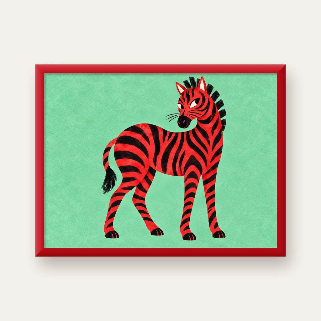 Kırmızı Siyah Çizgili Zebra Dijital Poster – Modern Hayvan İllüstrasyonu — kırmızı çerçeveli