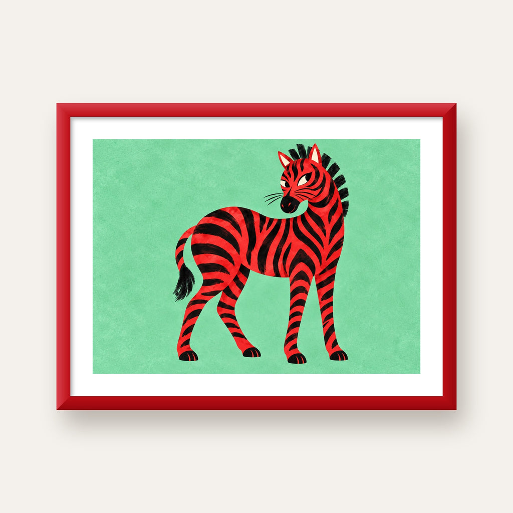 Kırmızı Siyah Çizgili Zebra Dijital Poster – Modern Hayvan İllüstrasyonu — kırmızı çerçeveli paspartulu