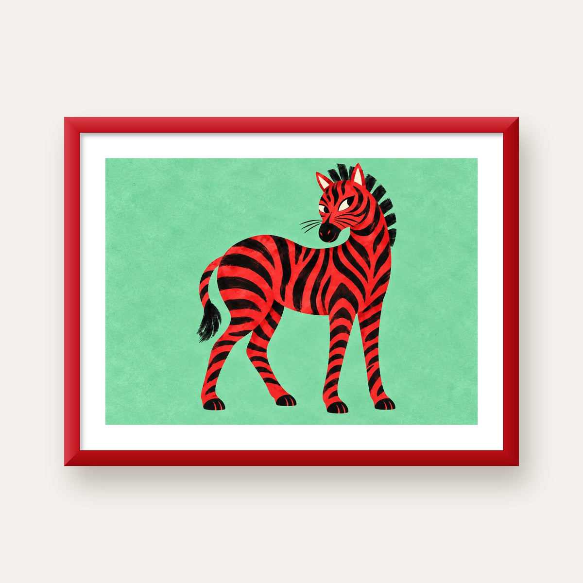Kırmızı Siyah Çizgili Zebra Dijital Poster – Modern Hayvan İllüstrasyonu — kırmızı çerçeveli paspartulu