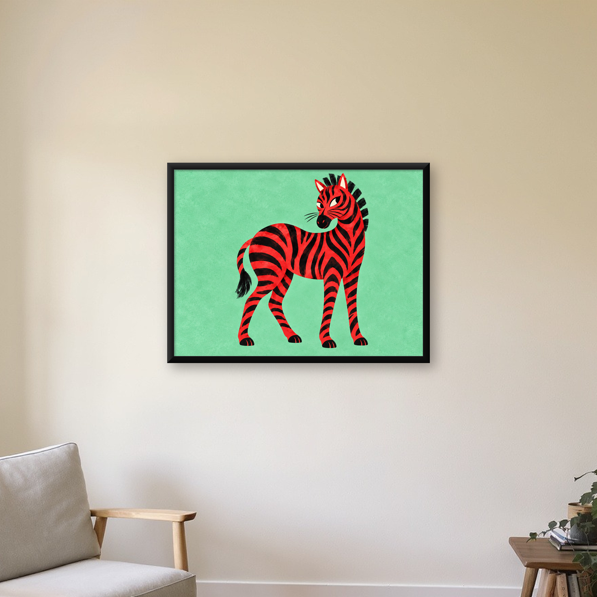 Kırmızı Siyah Çizgili Zebra Dijital Poster – Modern Hayvan İllüstrasyonu — Yatay baskı, çerçeveli hâliyle bir ev duvarında